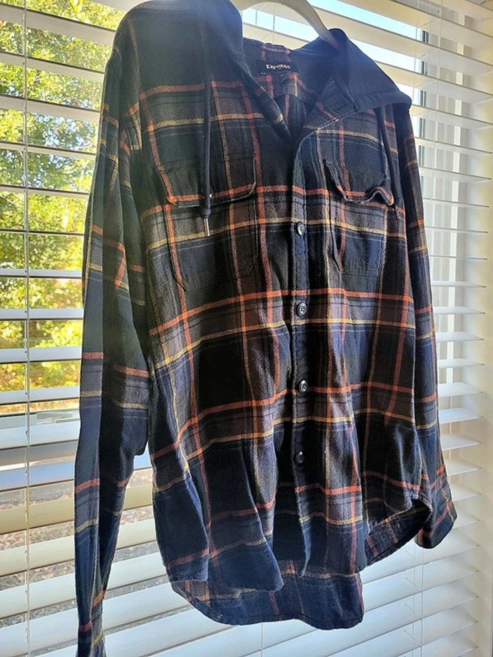 Express Navy Plaid Hooded Flannel Shirt L